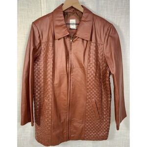Roaman's Brown Genuine Leather Jacket Coat Plus Size 20W Basketweave Woven Boho